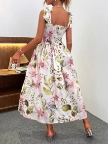 Floral Tie Shoulder Shirred Dress - Multicolor - View 2