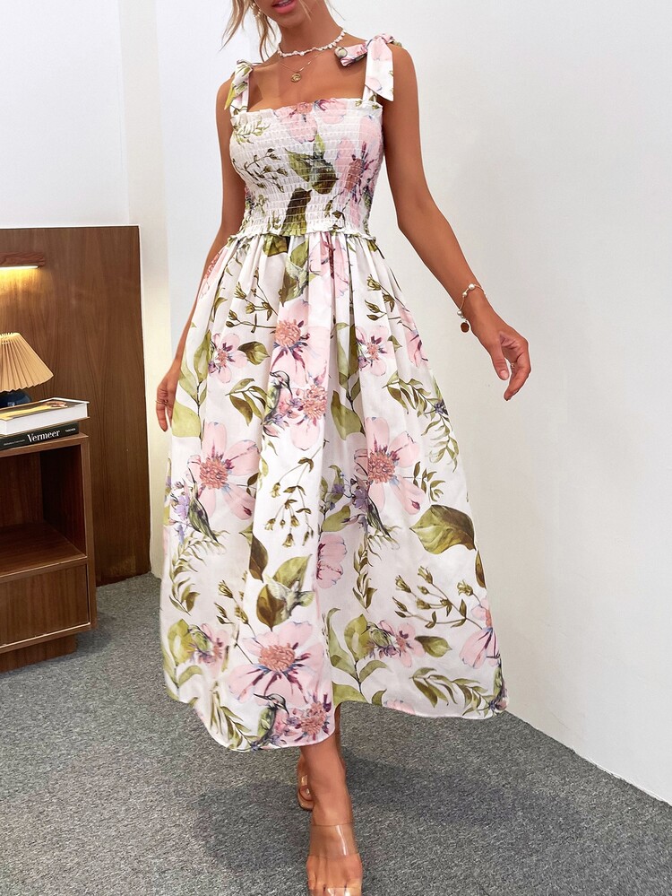 Floral Tie Shoulder Shirred Dress - Multicolor - View 3