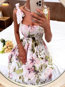 Floral Tie Shoulder Shirred Dress - Multicolor - View 5