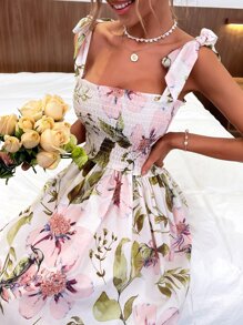 Floral Tie Shoulder Shirred Dress - Multicolor - View 6
