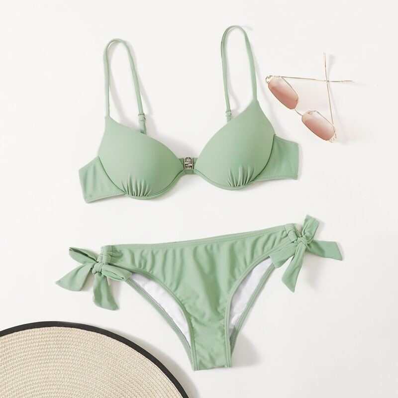 

Solid Underwire Tie Side Bikini Swimsuit, Mint green