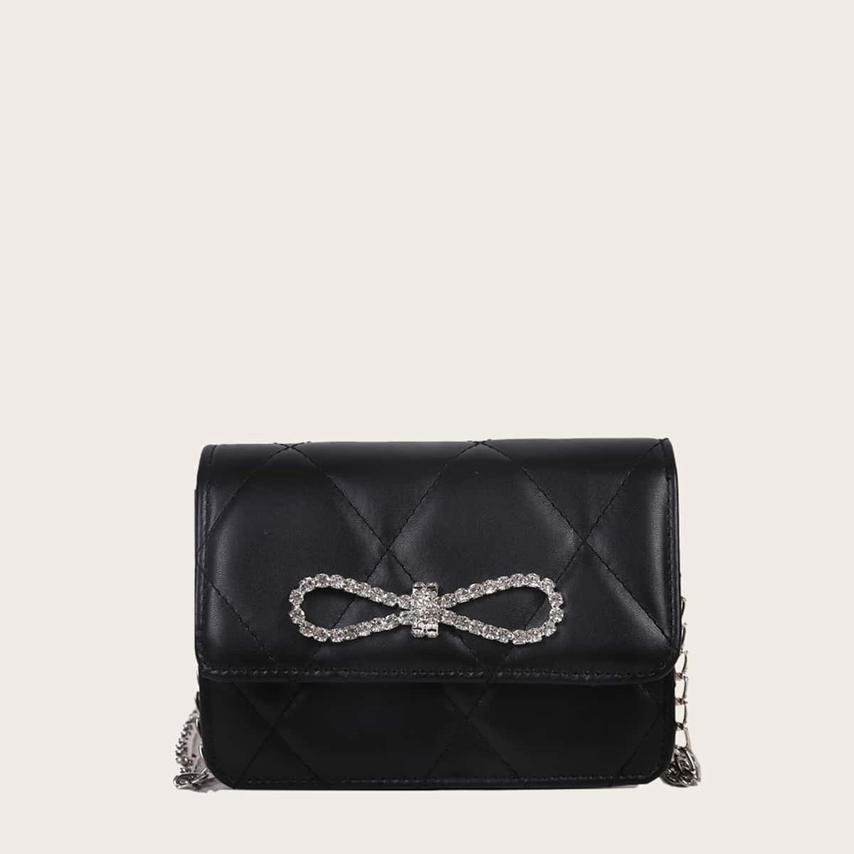 

Rhinestone Bow Quilted Crossbody Bag, Black