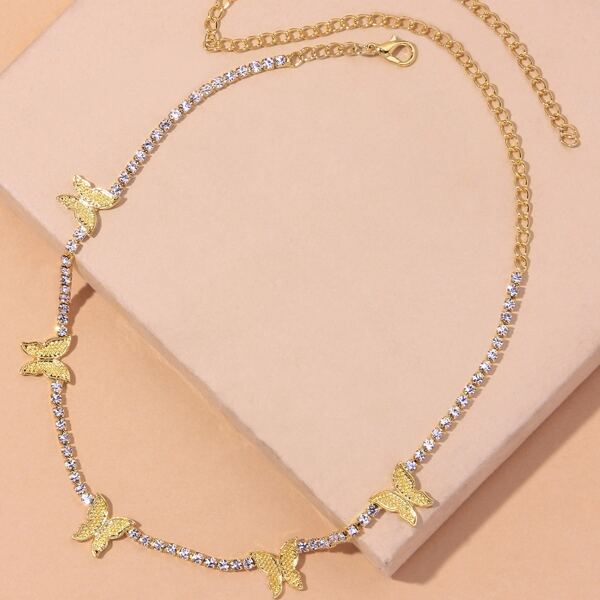 

Butterfly Decor Rhinestone Necklace, Gold