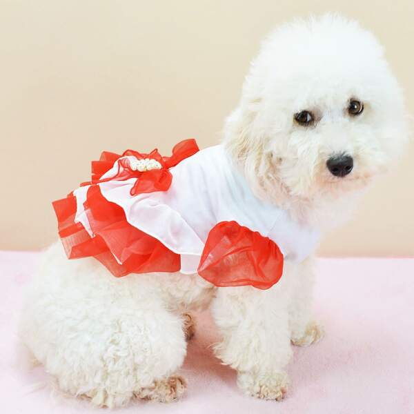 

Bow Decor Lace Pet Dress, Red and white