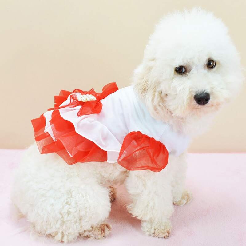 

Bow Decor Lace Pet Dress, Red and white