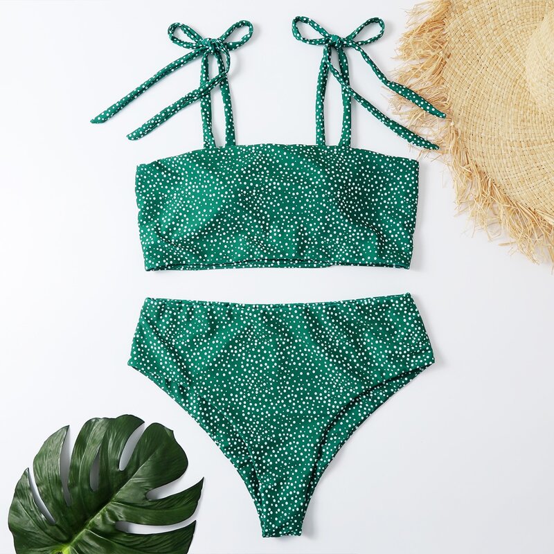 

Polka Dot Tie Shoulder Bikini Swimsuit, Dark green