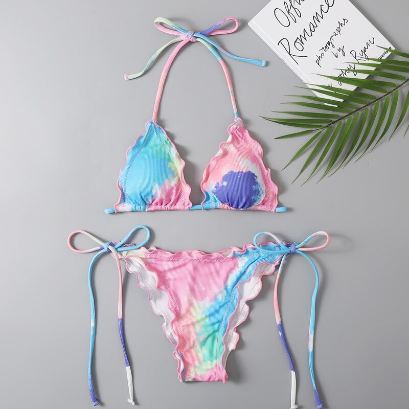 

Tie Dye Lettuce Trim Bikini Swimsuit, Multicolor