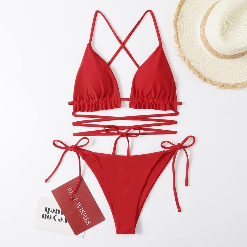 

Frill Trim Crisscross Bikini Swimsuit, Red