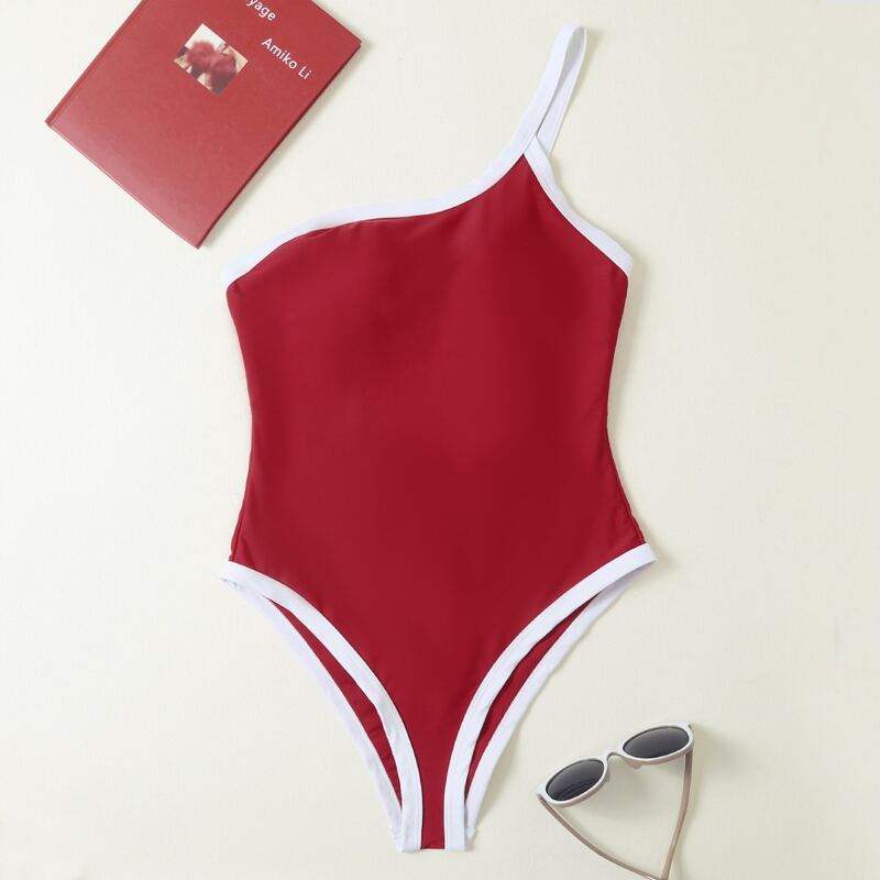 

Contrast Binding One Shoulder One Piece Swimsuit, Red