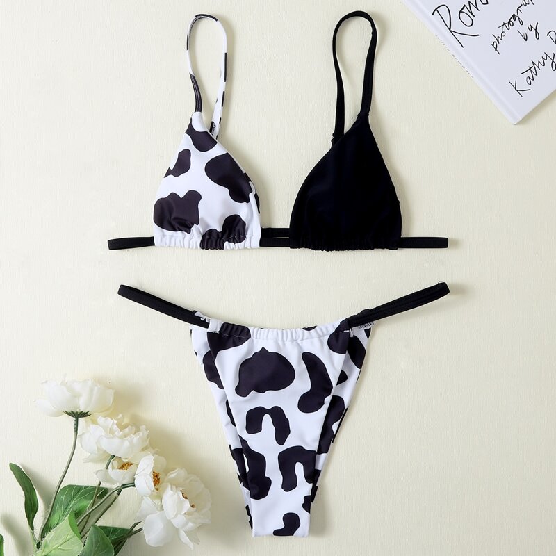 

Cow Print Thong Bikini Swimsuit, Black and white