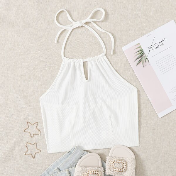 

Solid Lace Up Back Crop Halter Top, White