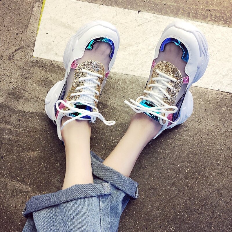 

Colorblock Sequin Lace-up Mesh Chunky Sneakers, White