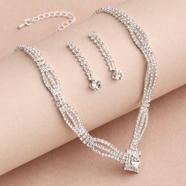 

Rhinestone Decor Necklace & Earrings, Silver