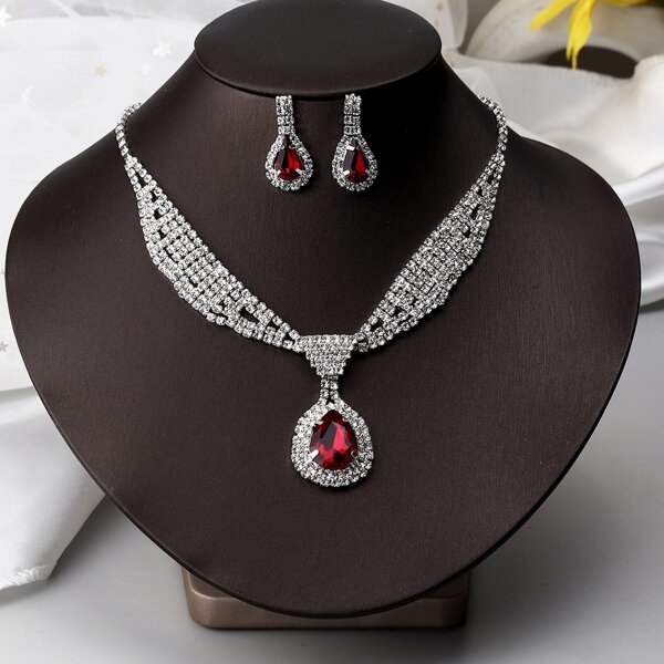

Rhinestone Decor Necklace & Earrings, Red