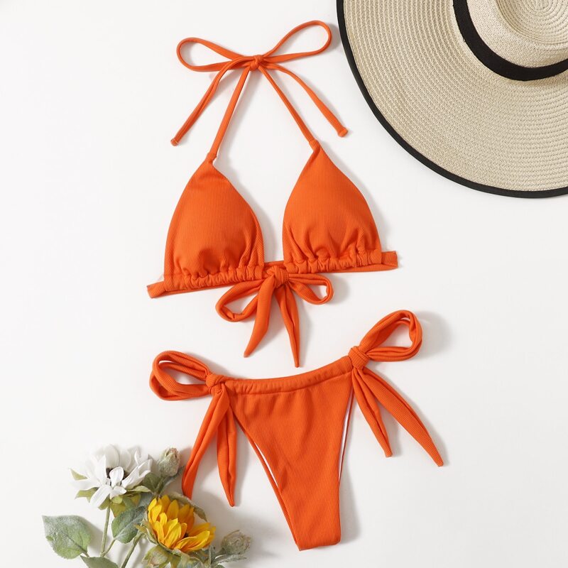 

Ribbed Triangle Tie Side Bikini Swimsuit, Orange