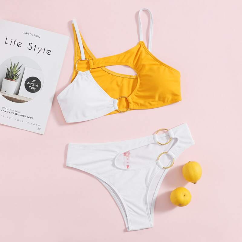 

Colorblock Ring Linked Cut-out Bikini Swimsuit, Multicolor