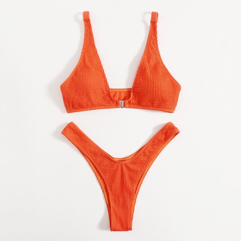 

Plain High Leg Bikini Swimsuit, Orange