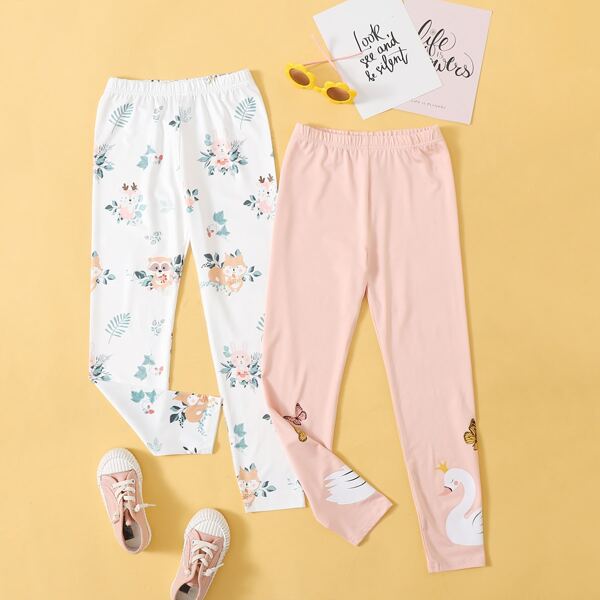 

Girls 2 Pack Cartoon & Floral Print Leggings, Multicolor