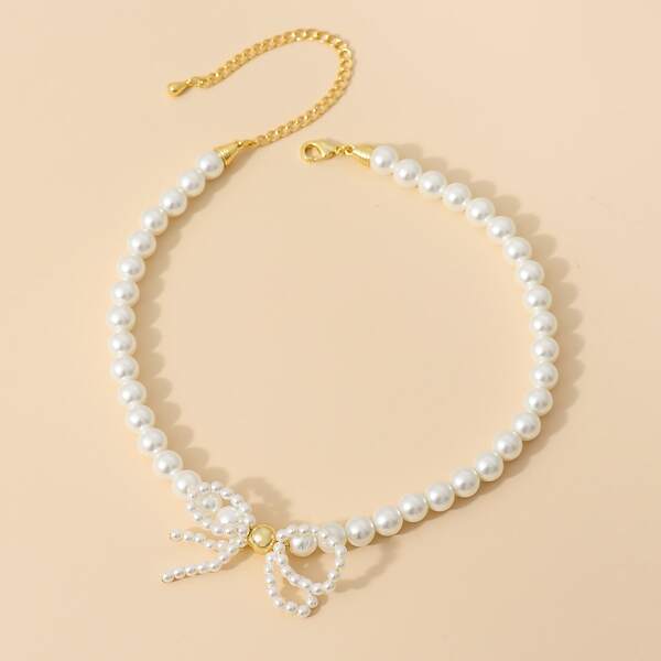 

Faux Pearl Beaded Bow Knot Necklace, White