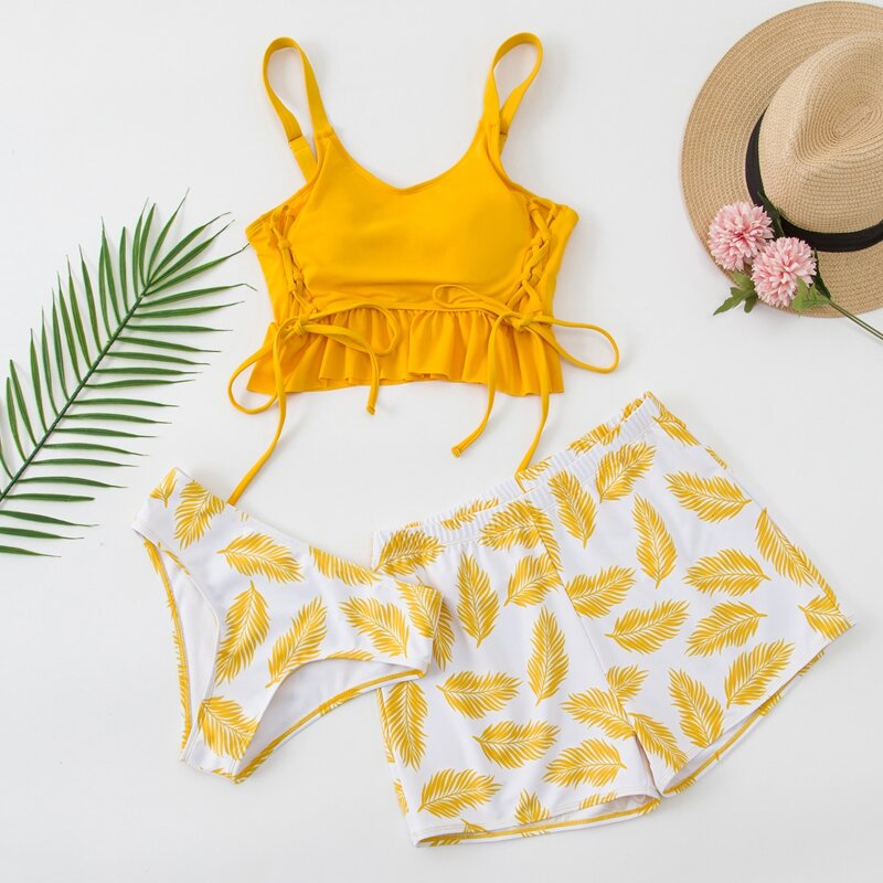 

3pack Leaf Print Lace-up Ruffle Hem Bikini Swimsuit, Yellow