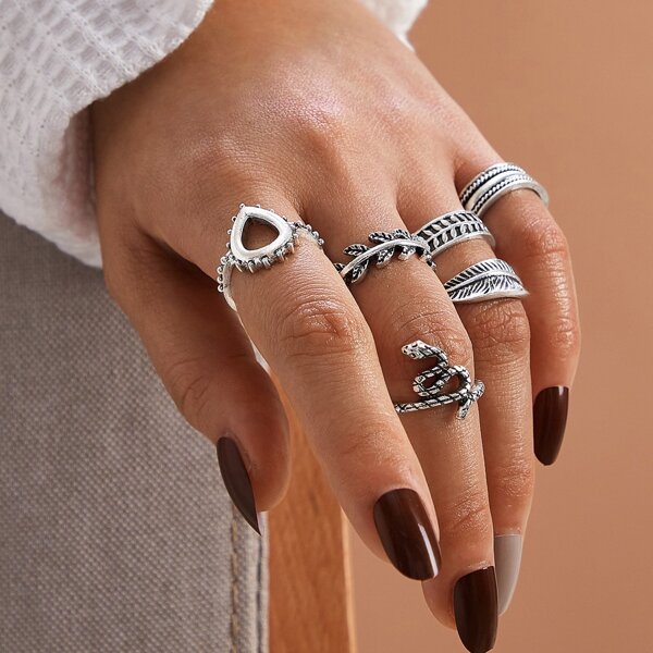 

6pcs Bohemian Leaf Decor Ring, Silver