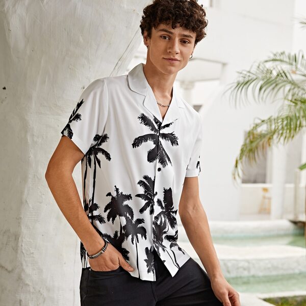 

Men Button Front Tropical Print Shirt, Black and white