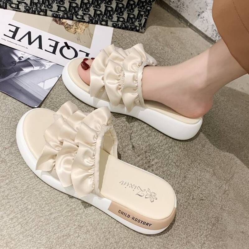 

Layered Ruffle Slide Sandals, Beige