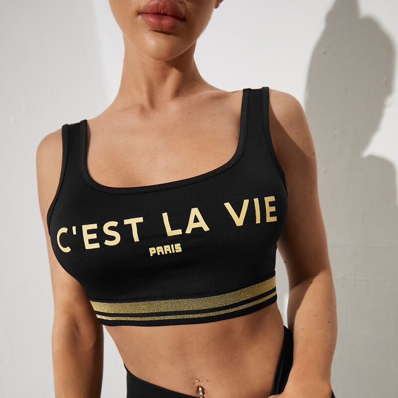 

Letter Graphic Contrast Glitter Tape Tank Top, Black