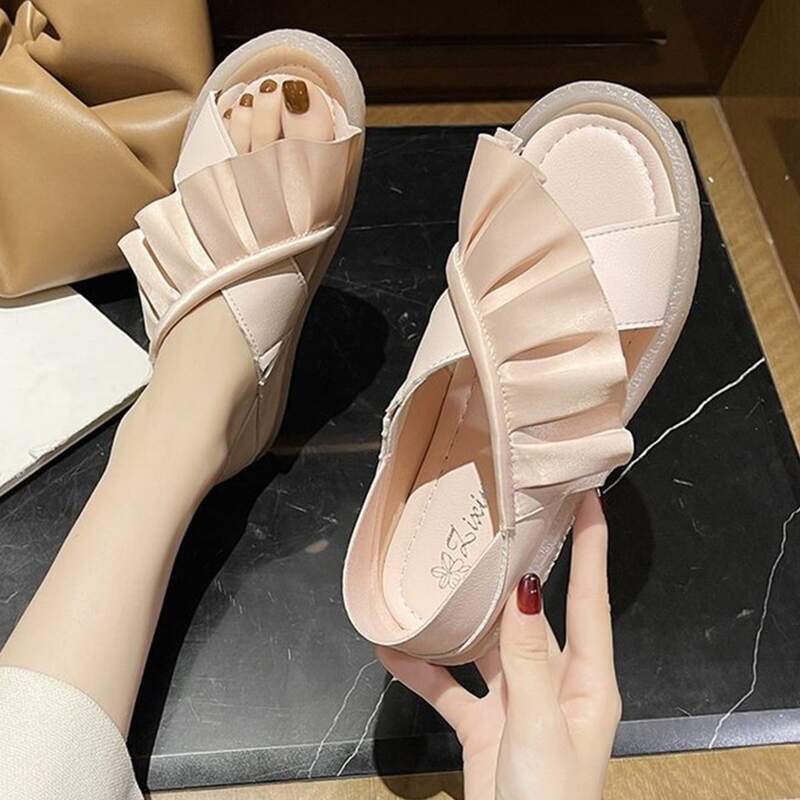 

Criss Cross Ruffle Flat Sandals, Baby pink
