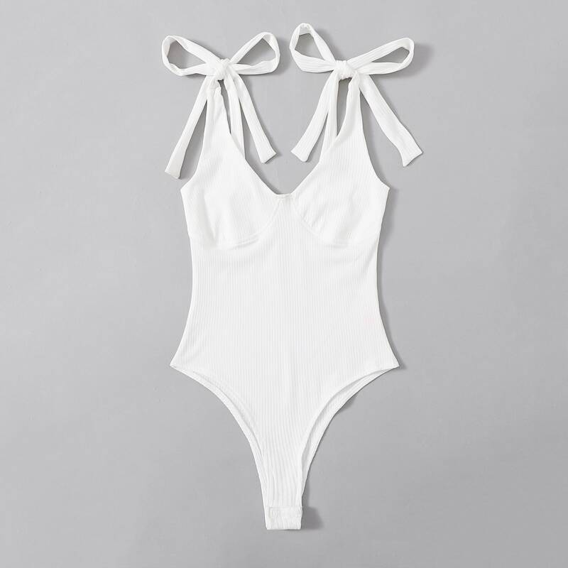 

Solid Ribbed Tie Shoulder Bodysuit, White