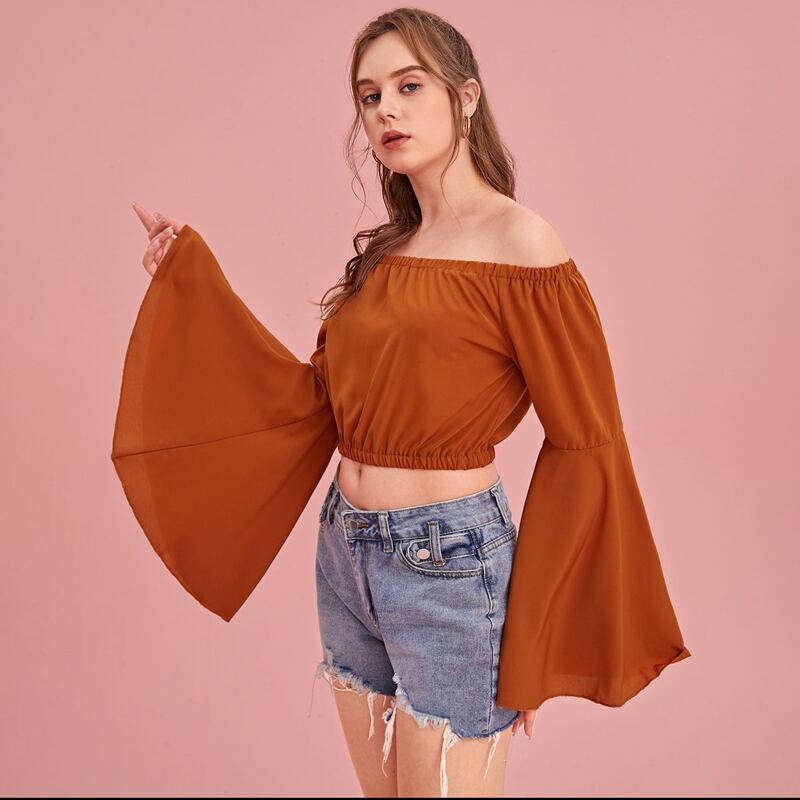 

Solid Off The Shoulder Crop Top, Brown