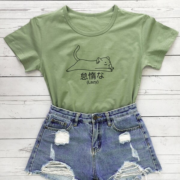 

Japanese Letter Graphic And Cartoon Graphic Tee, Olive green