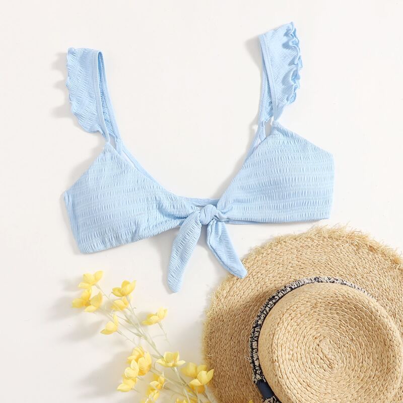 

Ruffle Trim Knot Front Bikini Top, Baby blue