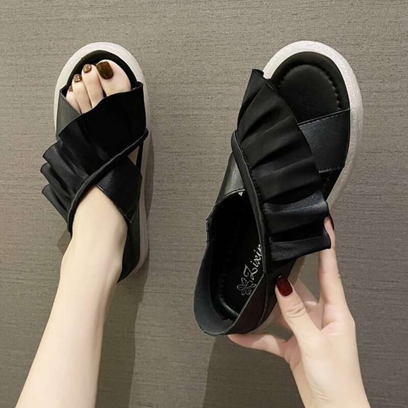 

Criss Cross Ruffle Flat Sandals, Black