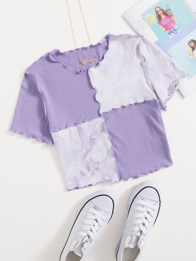 SHEIN EZwear Crop T-shirt med tie-dye-mønster og søm foran