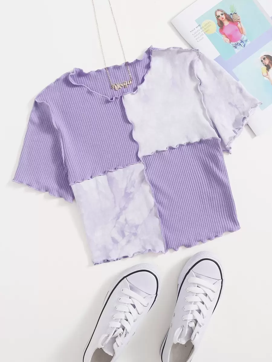 SHEIN EZwear Tie Dye Panel Seam Front Crop Tee - Lilac Purple - View 1