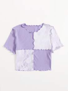 SHEIN EZwear Tie Dye Panel Seam Front Crop Tee - Lilac Purple - View 3