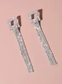Rhinestone Tassel Decor Drop Earrings - Silver - View 1