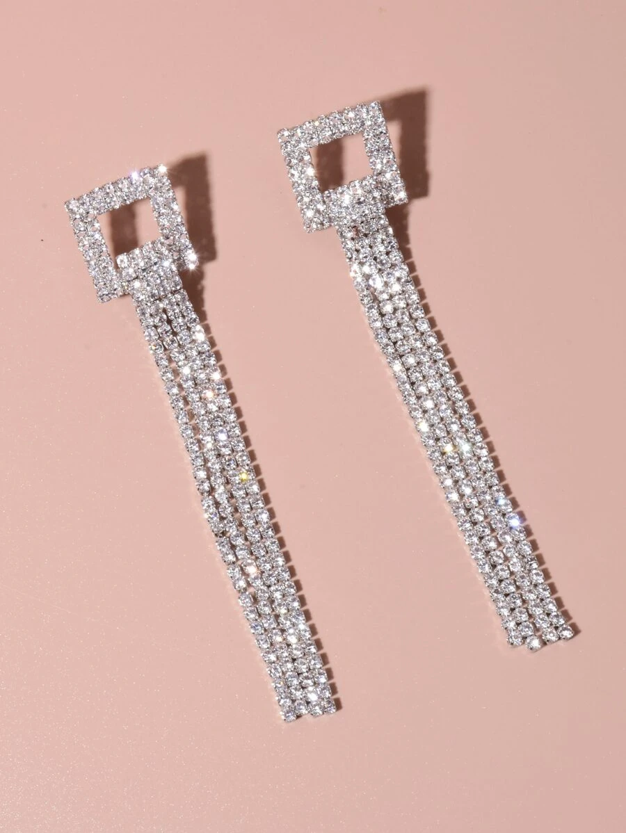 Rhinestone Tassel Decor Drop Earrings - Silver - View 1