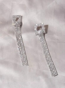Rhinestone Tassel Decor Drop Earrings - Silver - View 2