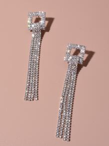 Rhinestone Tassel Decor Drop Earrings - Silver - View 3