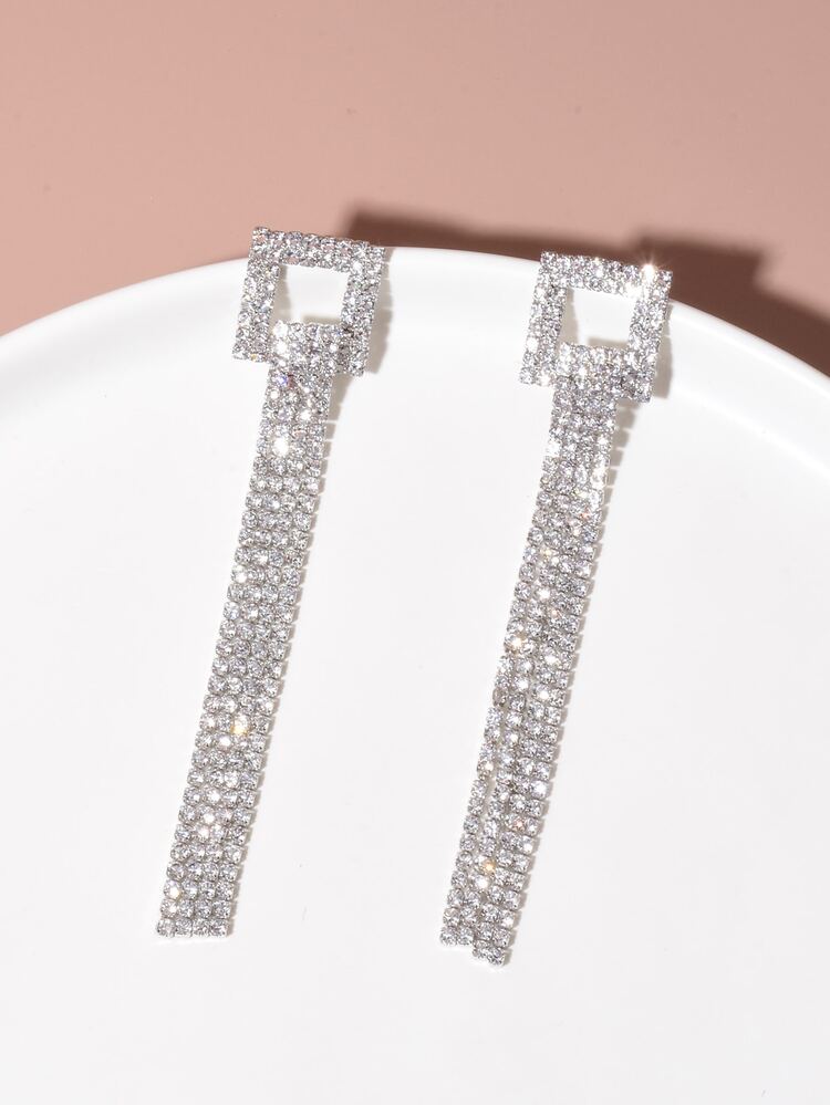 Rhinestone Tassel Decor Drop Earrings - Silver - View 4