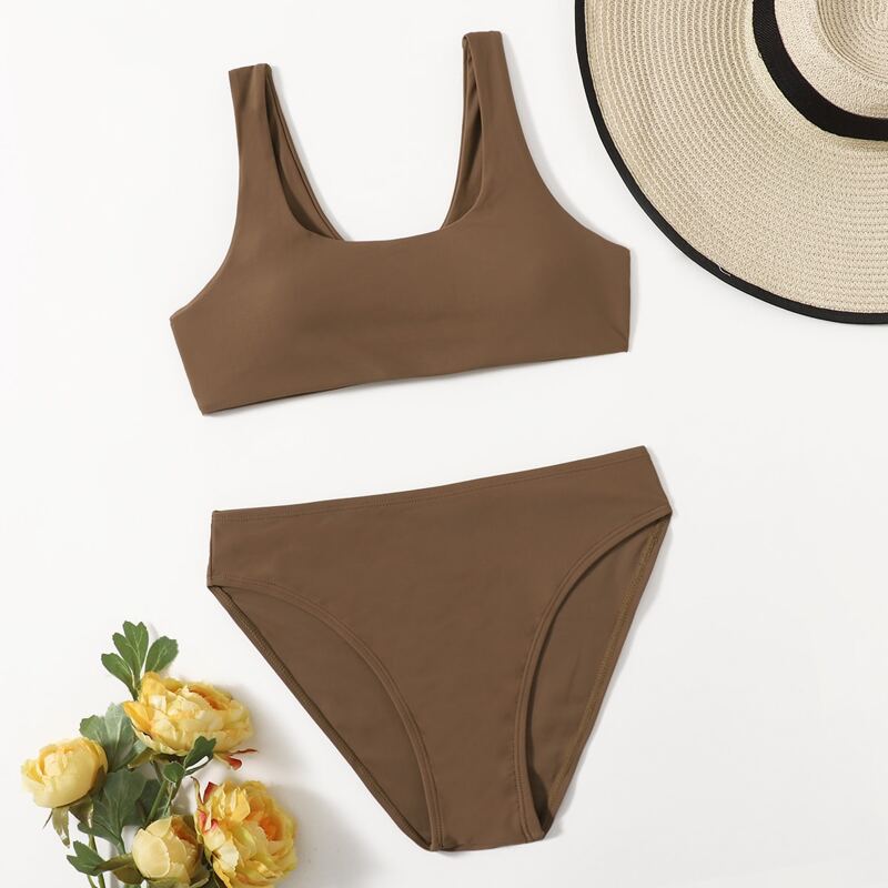 

Scoop Neck High Waist Bikini Swimsuit, Coffee brown