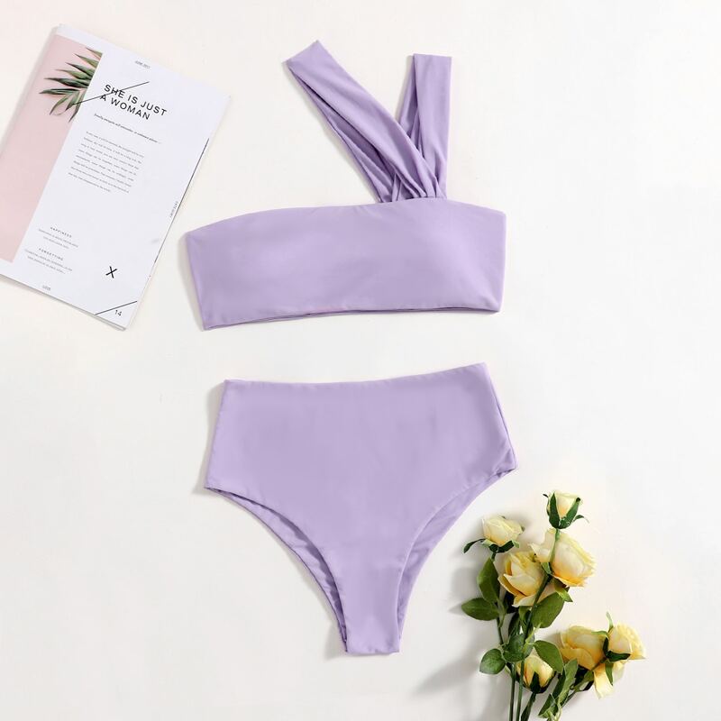 

Asymmetrical Neck High Waist Bikini Swimsuit, Lilac purple