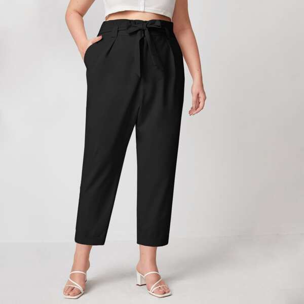 

Plus Paperbag Waist Belted Carrot Pants, Black
