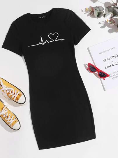 SHEIN EZwear Heart Print Bodycon Dress