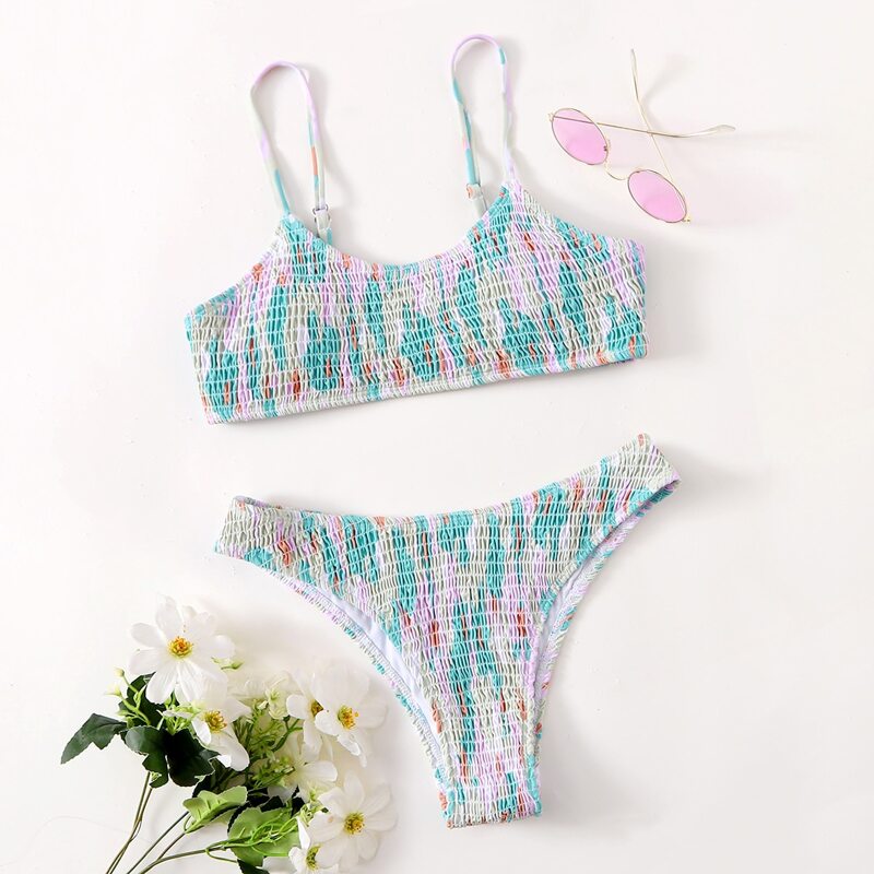 

Floral Smocked Bikini Swimsuit, Multicolor