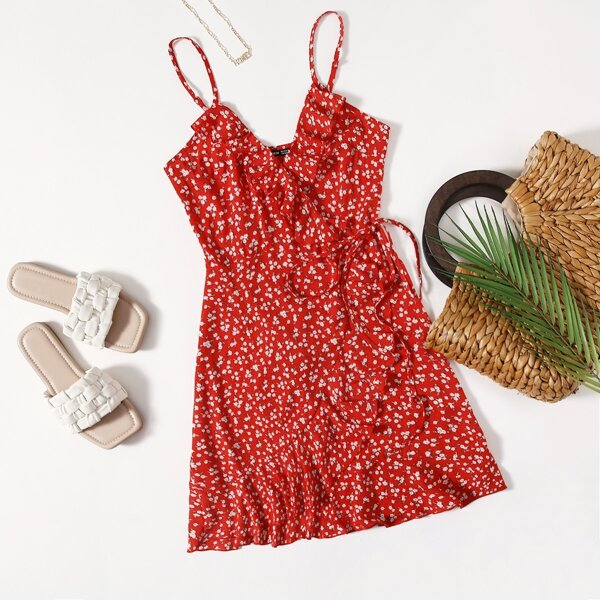 

Wrap Tie Side Ditsy Floral Cami Dress, Red