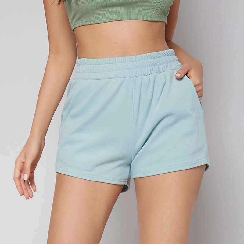 

Elastic Waist Slant Pocket Comfortable Lounge Shorts, Mint blue