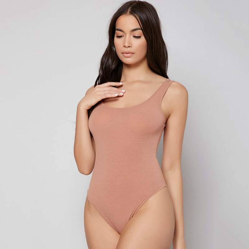 

Solid Soft To The Touch Comfortable Tank Bodysuit, Apricot